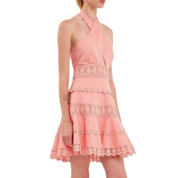 NWT Endless Rose Peach Halter Neck Lace Trim Mini Dress - Picture 2 of 13